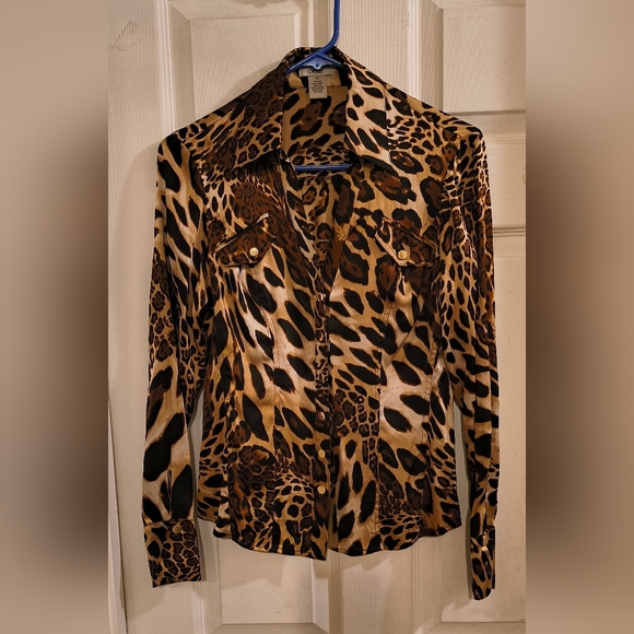Cache Tops - Cache Silk Animal Print Button Down Shirt Gold Accents XS